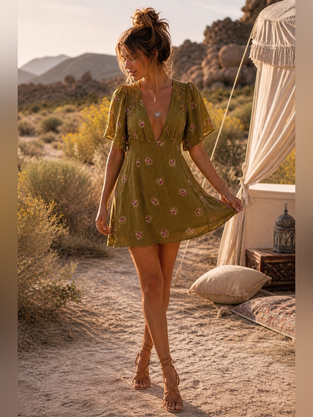 Free People Mockingbird Mini Dress Boho Open Back Festival XS